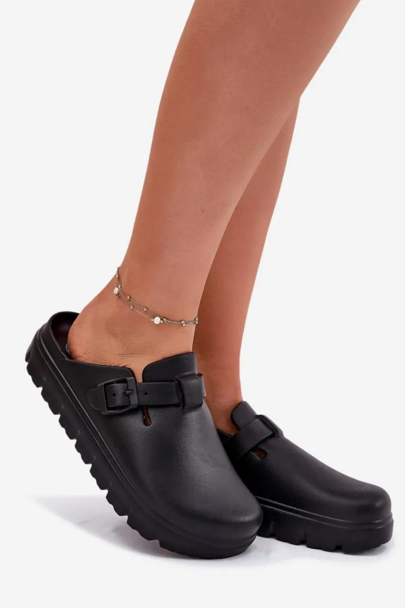 Sale Piankowe Klapki Damskie Z Paskiem I Klamrą Czarne Larinie Damskie Klapki Basenowe|Klapki Na Platformie