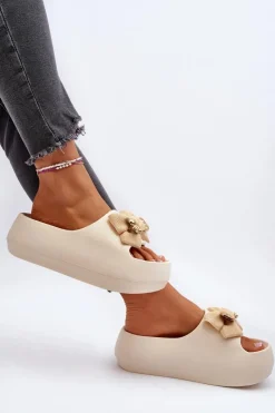 Outlet Piankowe Klapki Damskie Z Kokardą Beżowe Salessa Damskie Klapki Na Platformie|Klapki Damskie Klasyczne