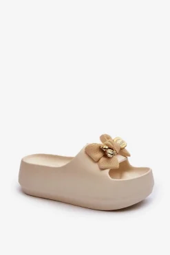 Outlet Piankowe Klapki Damskie Z Kokardą Beżowe Salessa Damskie Klapki Na Platformie|Klapki Damskie Klasyczne