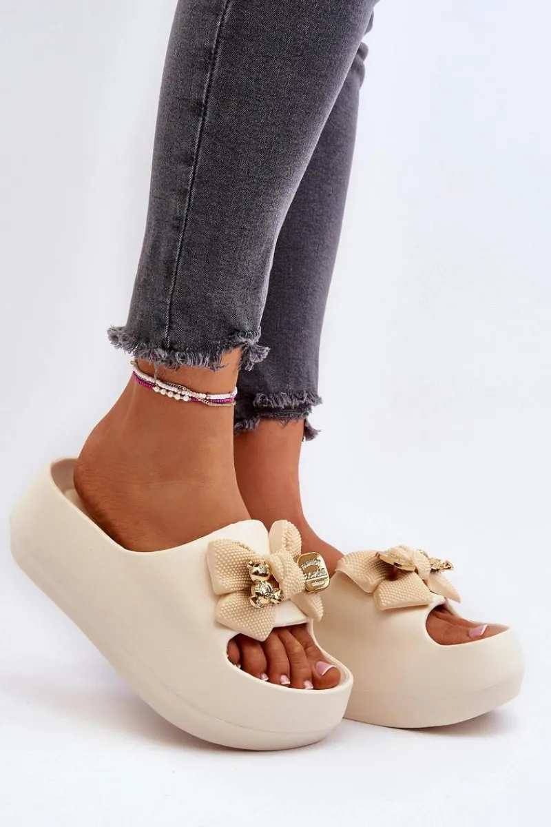 Outlet Piankowe Klapki Damskie Z Kokardą Beżowe Salessa Damskie Klapki Na Platformie|Klapki Damskie Klasyczne