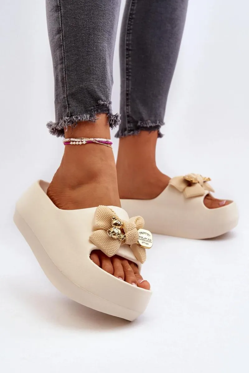 Outlet Piankowe Klapki Damskie Z Kokardą Beżowe Salessa Damskie Klapki Na Platformie|Klapki Damskie Klasyczne