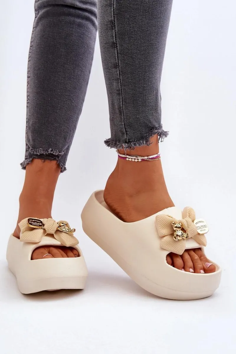 Outlet Piankowe Klapki Damskie Z Kokardą Beżowe Salessa Damskie Klapki Na Platformie|Klapki Damskie Klasyczne