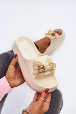 Outlet Piankowe Klapki Damskie Z Kokardą Beżowe Salessa Damskie Klapki Na Platformie|Klapki Damskie Klasyczne