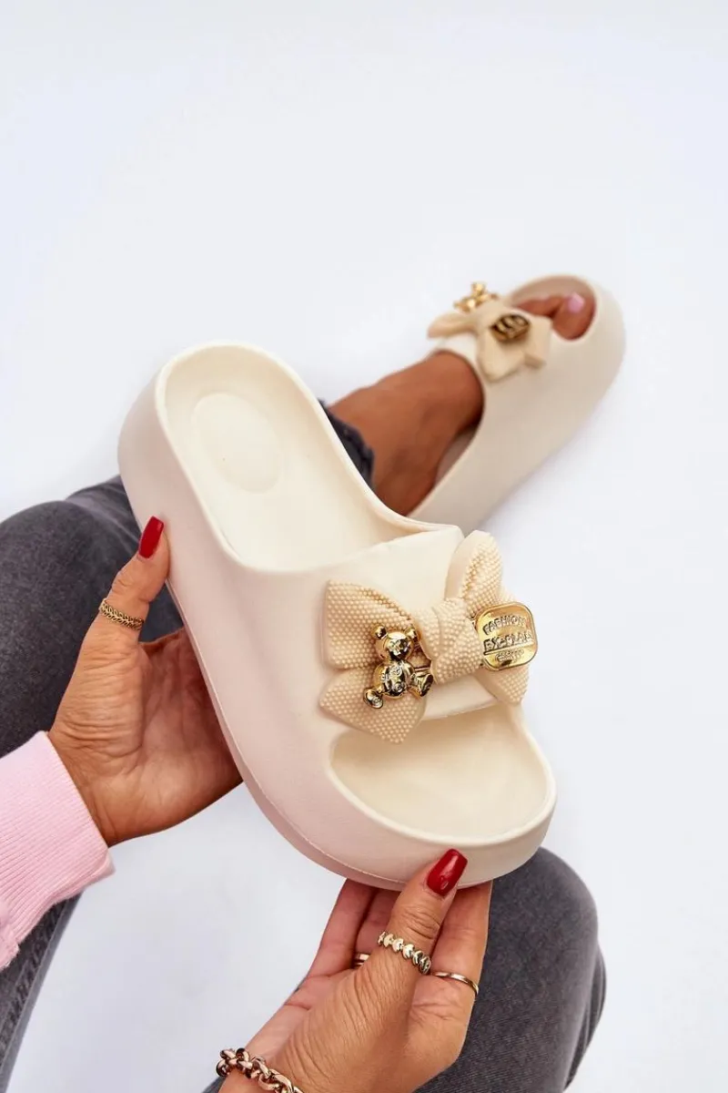 Outlet Piankowe Klapki Damskie Z Kokardą Beżowe Salessa Damskie Klapki Na Platformie|Klapki Damskie Klasyczne