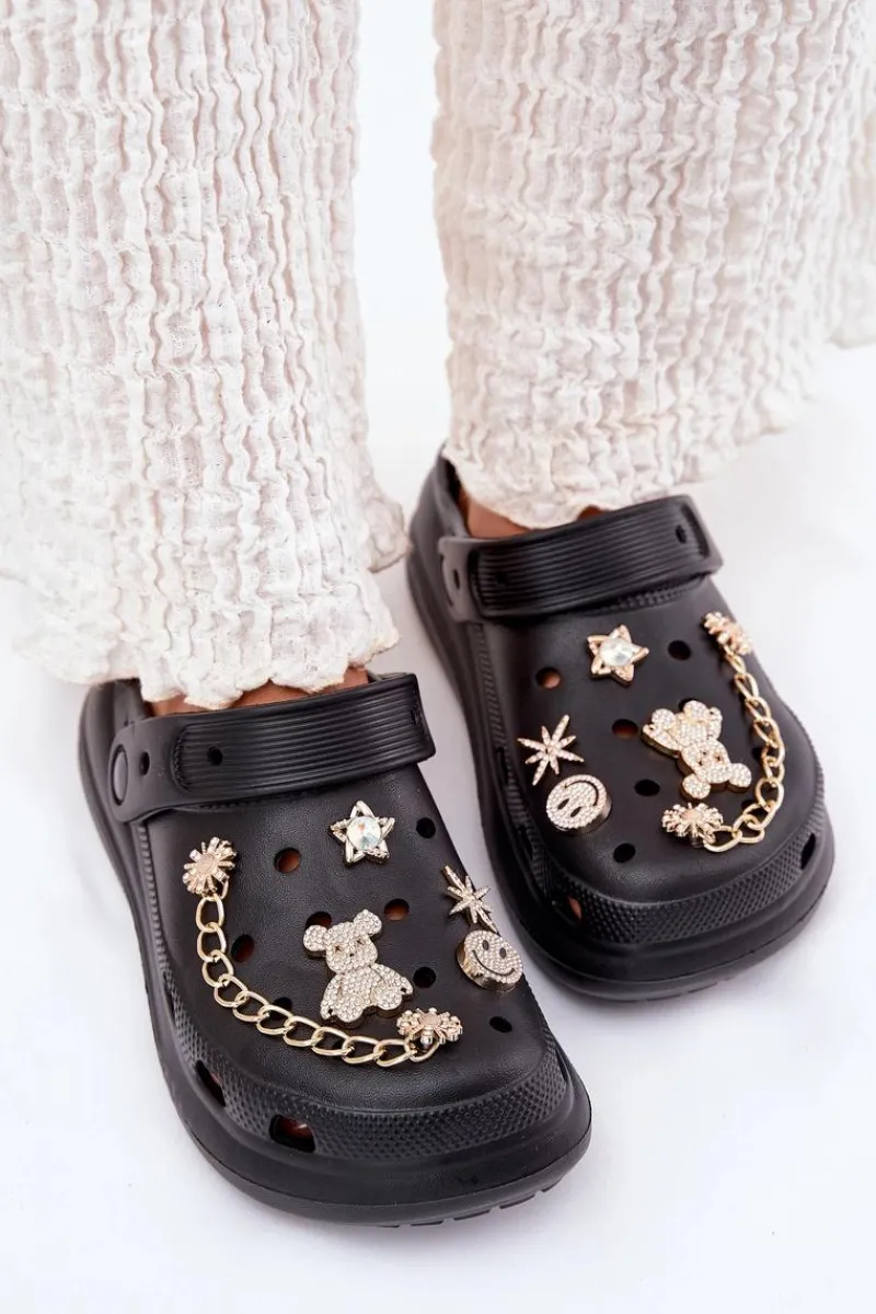 Klapki Basenowe|Klapki Na Platformie>Boto Piankowe Klapki Damskie Z Przypinkami Czarne Linaviela