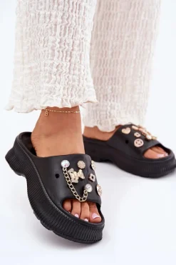 Discount Boto Piankowe Klapki Damskie Ze Złotymi Przypinkami Czarne Hortiana Czarny