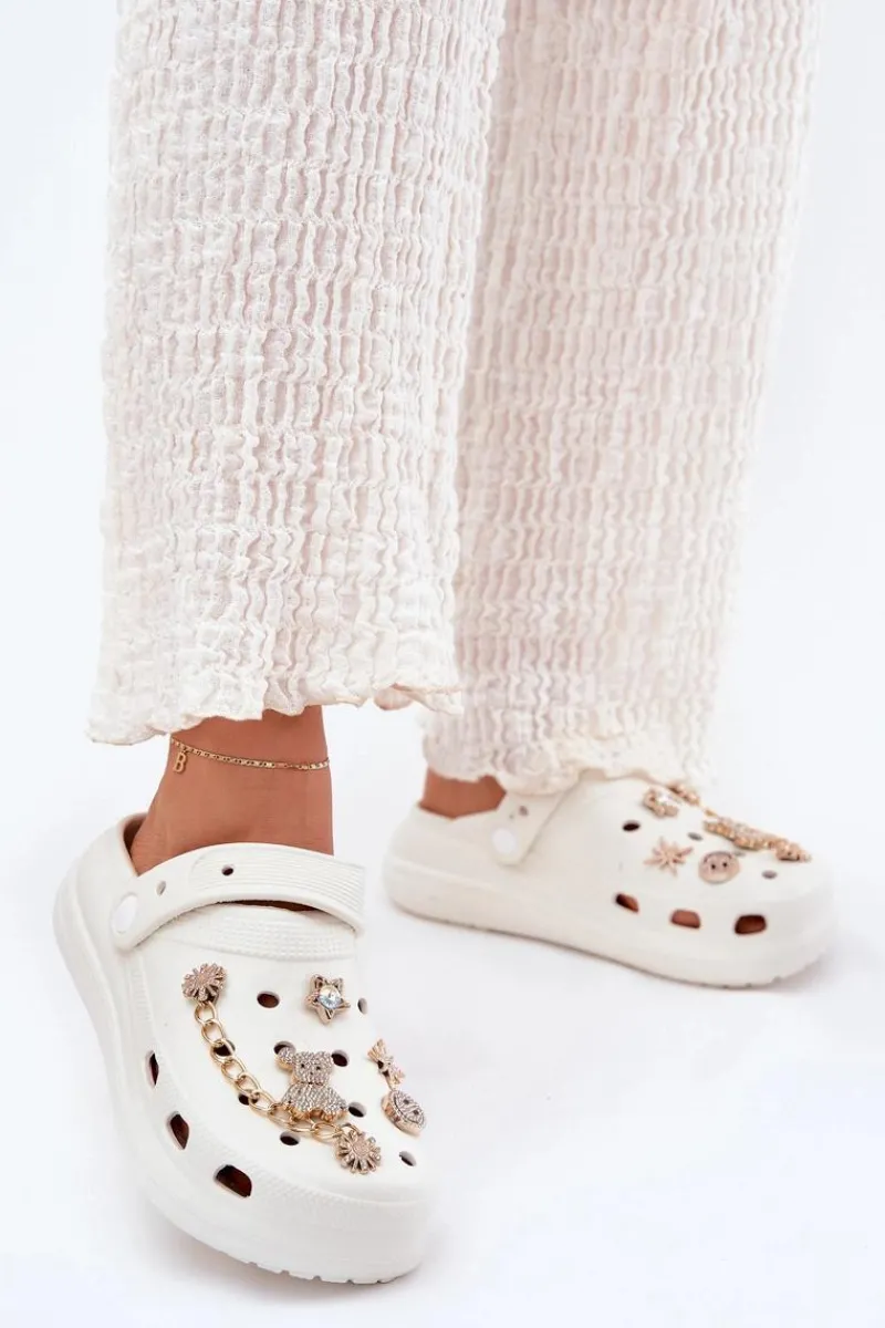 Clearance Boto Piankowe Klapki Damskie Z Przypinkami Białe Linaviela