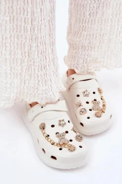 Clearance Boto Piankowe Klapki Damskie Z Przypinkami Białe Linaviela