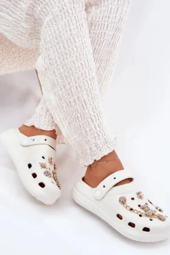 Clearance Boto Piankowe Klapki Damskie Z Przypinkami Białe Linaviela