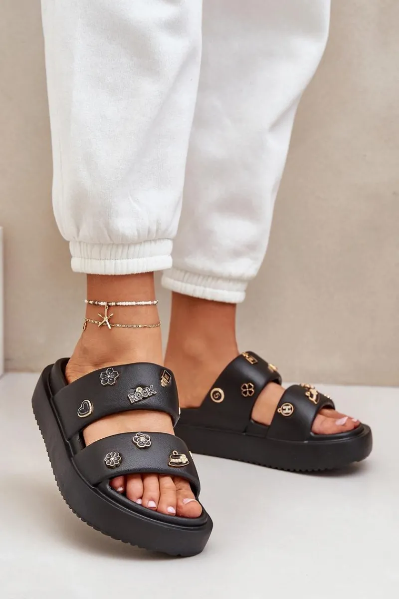 Hot Piankowe Klapki Damskie Z Przypinkami Czarne Ravanala Damskie Klapki Basenowe|Klapki Na Platformie