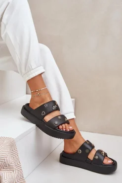 Hot Piankowe Klapki Damskie Z Przypinkami Czarne Ravanala Damskie Klapki Basenowe|Klapki Na Platformie