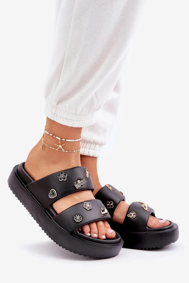 Hot Piankowe Klapki Damskie Z Przypinkami Czarne Ravanala Damskie Klapki Basenowe|Klapki Na Platformie