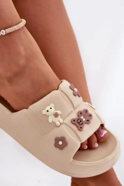 Piankowe Klapki Z Przypinkami Beżowe Redienna Damskie Klapki Basenowe|Klapki Na Platformie