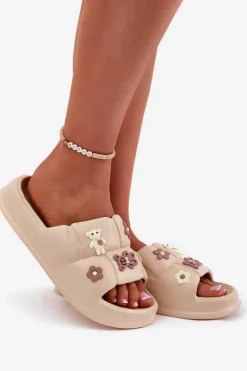 Piankowe Klapki Z Przypinkami Beżowe Redienna Damskie Klapki Basenowe|Klapki Na Platformie