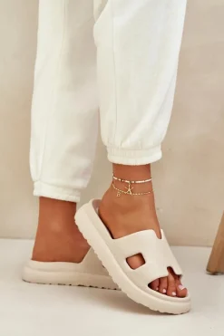 Outlet Piankowe Klapki Z Wycięciami Jasnobeżowe Neladith Damskie Klapki Na Platformie|Klapki Damskie Klasyczne