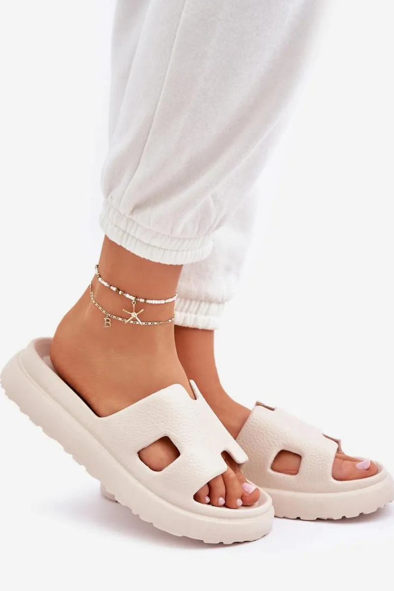 Outlet Piankowe Klapki Z Wycięciami Jasnobeżowe Neladith Damskie Klapki Na Platformie|Klapki Damskie Klasyczne