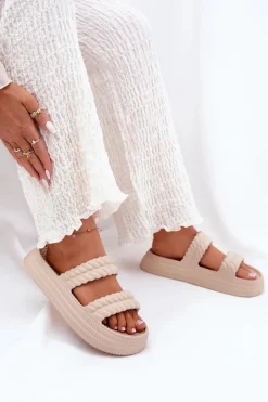 New Piankowe Lekkie Klapki Damskie Na Platformie S.Barski ZK51-001 Beżowe Damskie Klapki Basenowe|Klapki Na Platformie