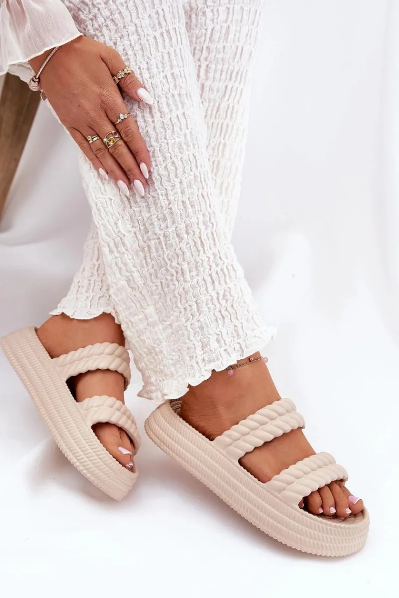 New Piankowe Lekkie Klapki Damskie Na Platformie S.Barski ZK51-001 Beżowe Damskie Klapki Basenowe|Klapki Na Platformie