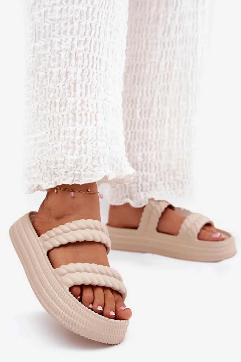 New Piankowe Lekkie Klapki Damskie Na Platformie S.Barski ZK51-001 Beżowe Damskie Klapki Basenowe|Klapki Na Platformie