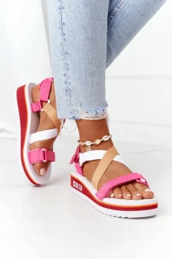 Piankowe Sandały Na Koturnie Big Star HH274A083 Różowe Damskie Sandały Big Star|Sandały Na Koturnie