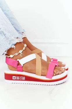 Piankowe Sandały Na Koturnie Big Star HH274A083 Różowe Damskie Sandały Big Star|Sandały Na Koturnie