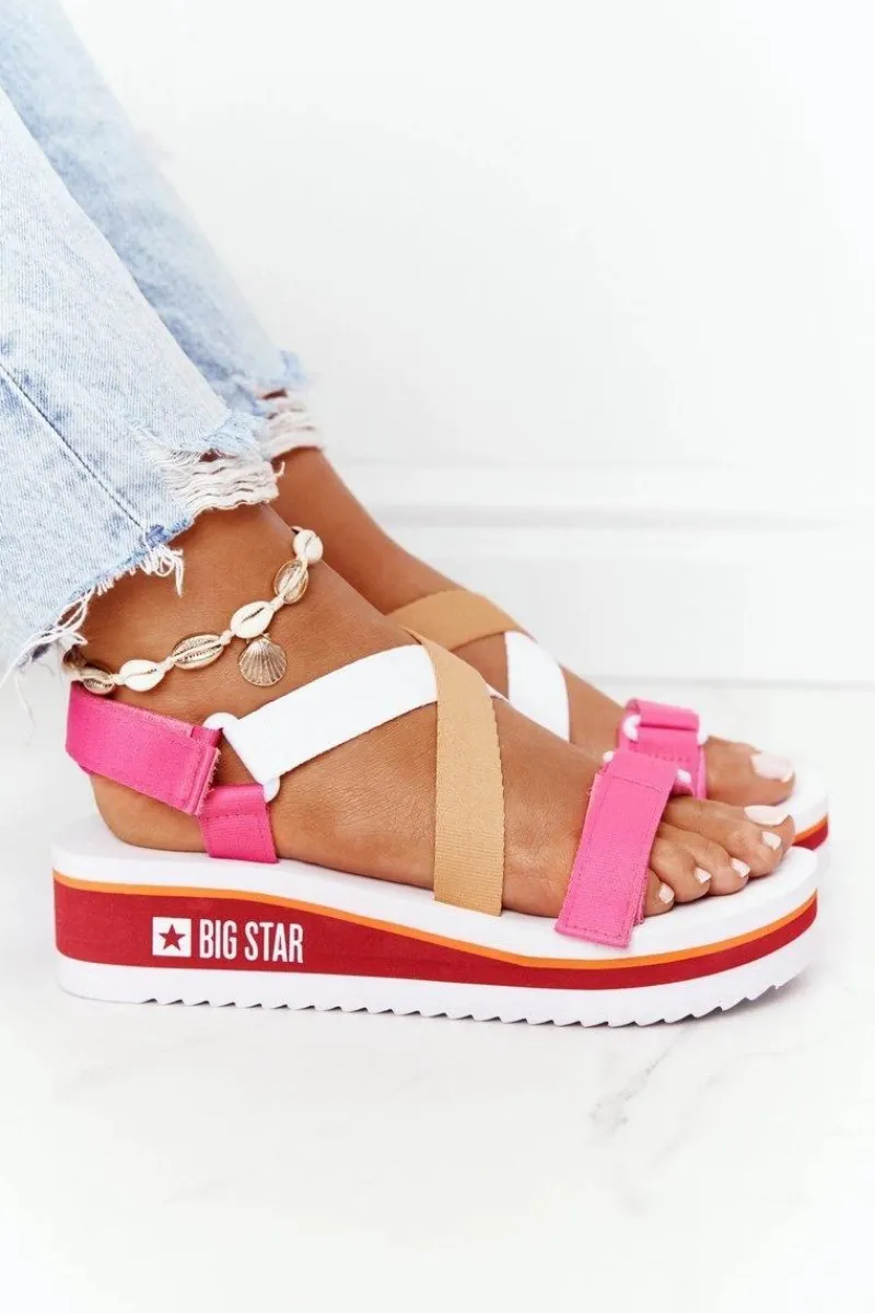 Piankowe Sandały Na Koturnie Big Star HH274A083 Różowe Damskie Sandały Big Star|Sandały Na Koturnie
