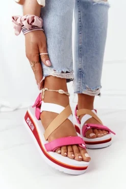 Piankowe Sandały Na Koturnie Big Star HH274A083 Różowe Damskie Sandały Big Star|Sandały Na Koturnie