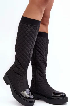 Clearance Pikowane Kozaki Przed Kolano Na Płaskim Obcasie Czarne Amalfri Damskie Kozaki Płaskie|Kozaki Przed Kolano