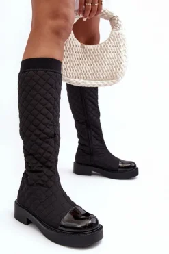 Clearance Pikowane Kozaki Przed Kolano Na Płaskim Obcasie Czarne Amalfri Damskie Kozaki Płaskie|Kozaki Przed Kolano