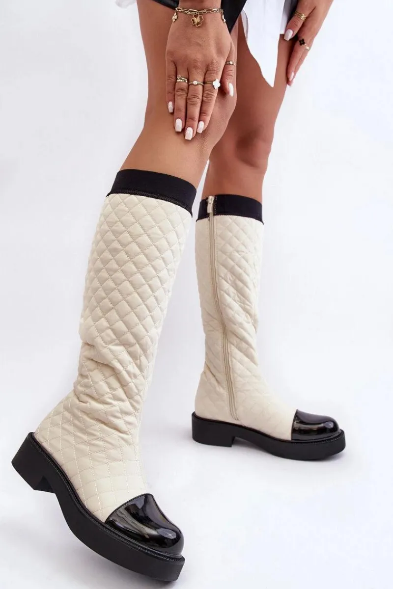 Online Boto Pikowane Kozaki Przed Kolano Na Płaskim Obcasie Beżowe Amalfri