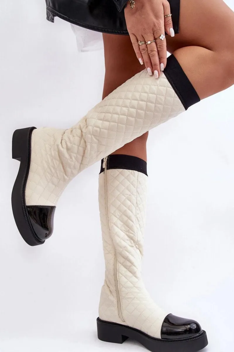 Online Boto Pikowane Kozaki Przed Kolano Na Płaskim Obcasie Beżowe Amalfri