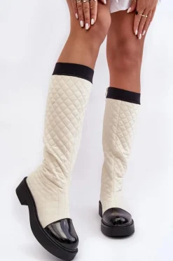 Online Boto Pikowane Kozaki Przed Kolano Na Płaskim Obcasie Beżowe Amalfri