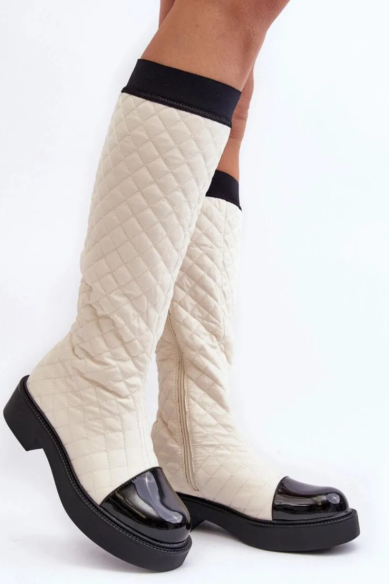 Online Boto Pikowane Kozaki Przed Kolano Na Płaskim Obcasie Beżowe Amalfri