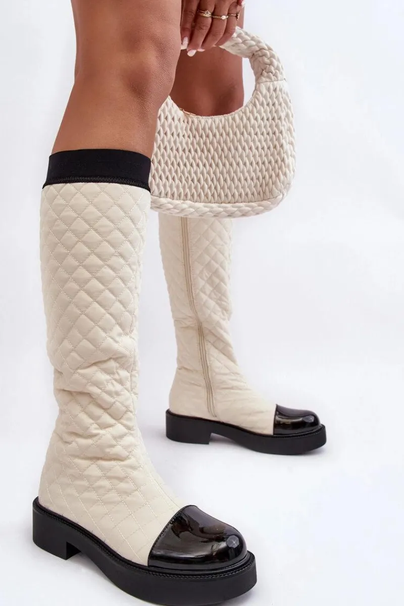 Online Boto Pikowane Kozaki Przed Kolano Na Płaskim Obcasie Beżowe Amalfri