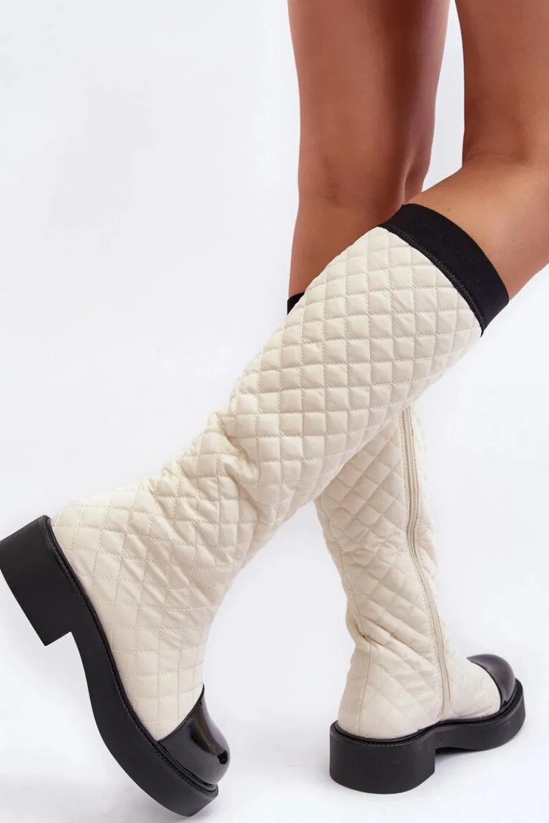 Online Boto Pikowane Kozaki Przed Kolano Na Płaskim Obcasie Beżowe Amalfri