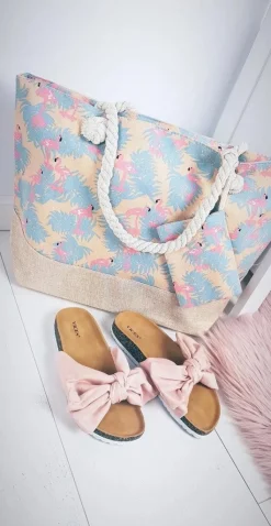 Outlet Plażowa Duża Beżowa Torebka Torba Damska Flamingi Torebki Plażowe