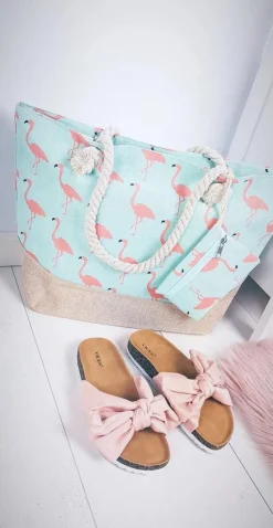 Hot Boto Plażowa Duża Jasno Niebieska Torebka Torba Damska Flamingi