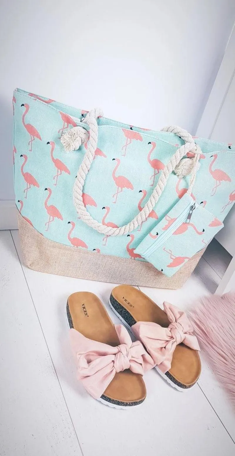 Hot Boto Plażowa Duża Jasno Niebieska Torebka Torba Damska Flamingi