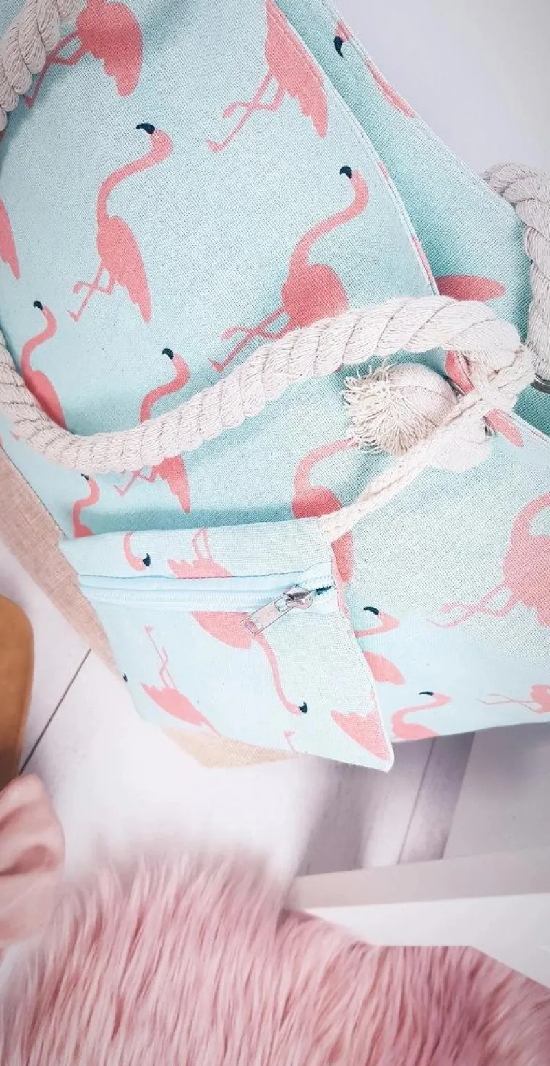 Hot Boto Plażowa Duża Jasno Niebieska Torebka Torba Damska Flamingi