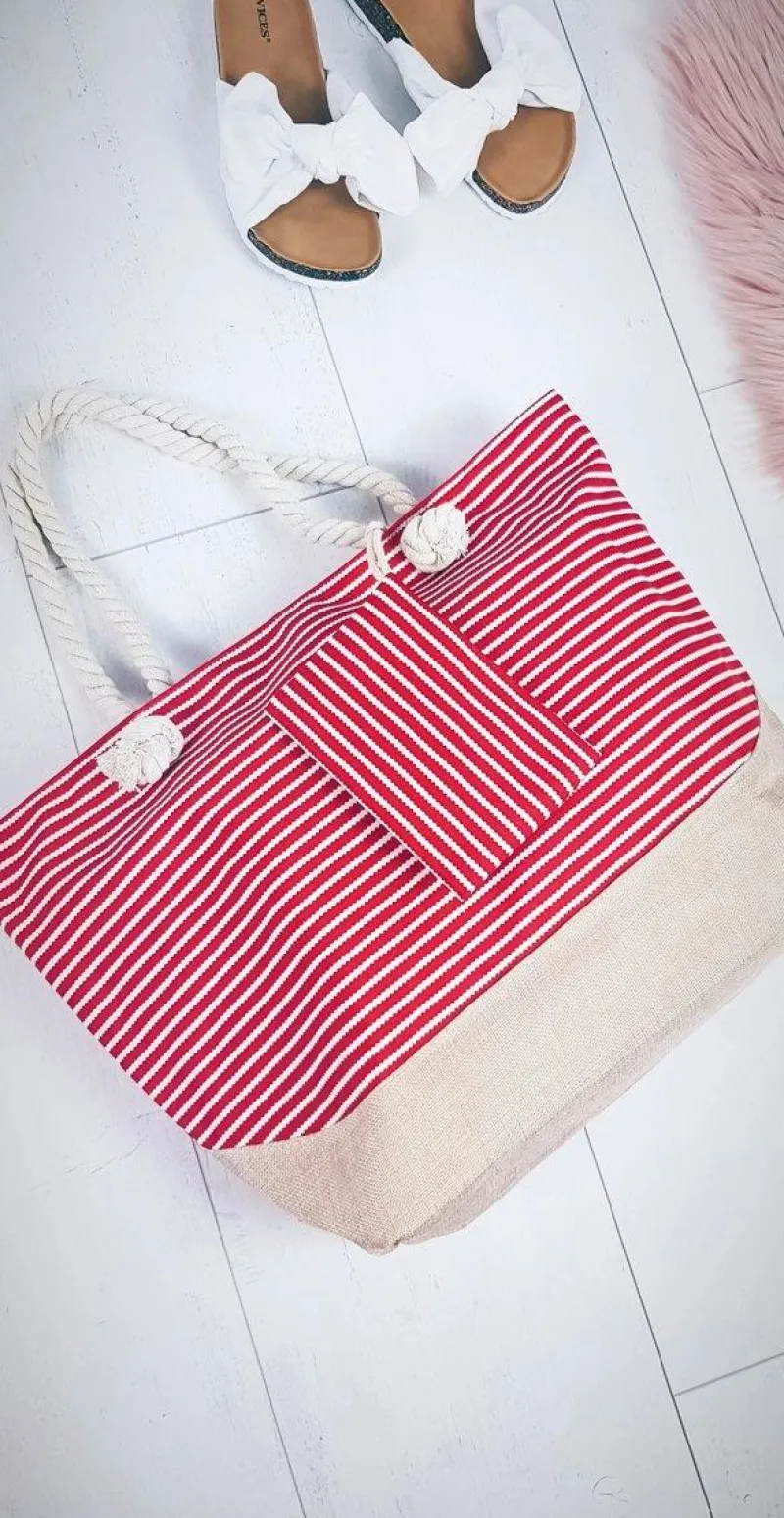 Torebki Plażowe>Boto Plażowa Duża Torebka Torba Damska Czerwone Paski