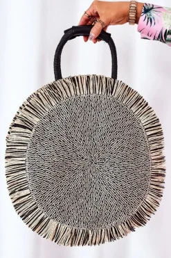 New Boto Pleciona Okrągła Torebka Boho BRUNO ROSSI Czarno-Beżowa