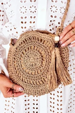 New Pleciona Okrągła Torebka Boho BRUNO ROSSI Camel Torebki Plażowe|Torebki Klasyczne