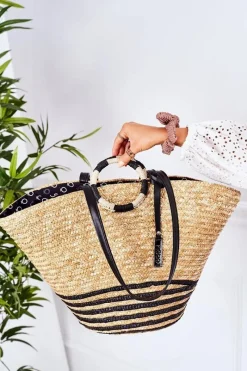 Torebki Plażowe|Torebki Nobo>Nobo Pleciona Torebka Kosz Na Plażę XK0370 Beżowo-Czarna