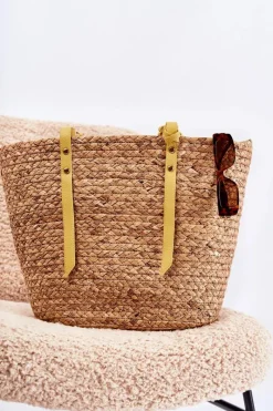 Nobo Pleciona Torebka Shopperka Na Plażę XM0090 Beżowo-Żółta