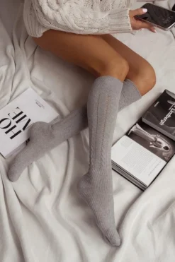 Best Milena Podkolanówki Damskie Ażurowe Warkocz Szare