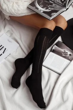 Online Milena Podkolanówki Damskie Ażurowe Warkocz Czarne