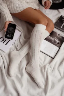 Hot Milena Podkolanówki Damskie Ażurowe Warkocz Ecru