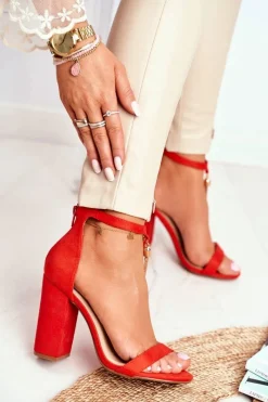 Hot Pomarańczowe Zamszowe Sandałki na Słupku z Frędzlem Annick Damskie Sandały Na Obcasie