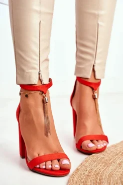 Hot Pomarańczowe Zamszowe Sandałki na Słupku z Frędzlem Annick Damskie Sandały Na Obcasie