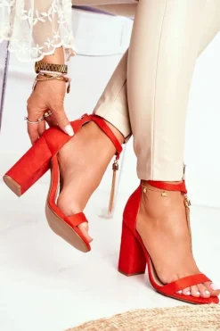 Hot Pomarańczowe Zamszowe Sandałki na Słupku z Frędzlem Annick Damskie Sandały Na Obcasie